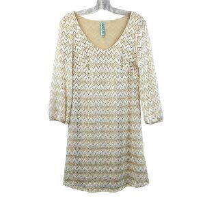 Dina Be Womens Chevron Lace Shift Dress 3/4 Sleeve Gold/White Size Medium